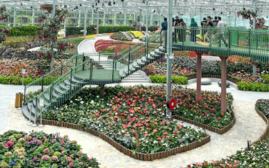 Walkway through vibrant flower displays at Eufloria Gardens & Sculpture Park.