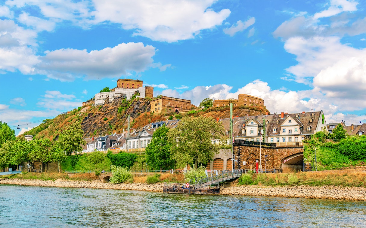 Ehrenbreitstein Fortress overlooking the Rhine River in Koblenz, Germany.