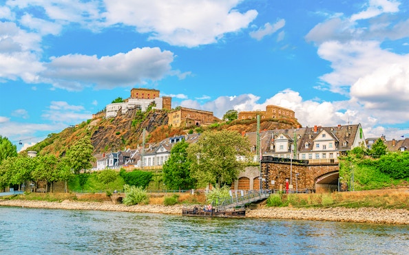 Ehrenbreitstein Fortress overlooking the Rhine River in Koblenz, Germany.
