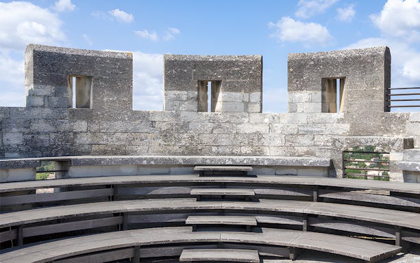 Fort Saint-André stone battlements with seating area, Villeneuve-lès-Avignon, France.