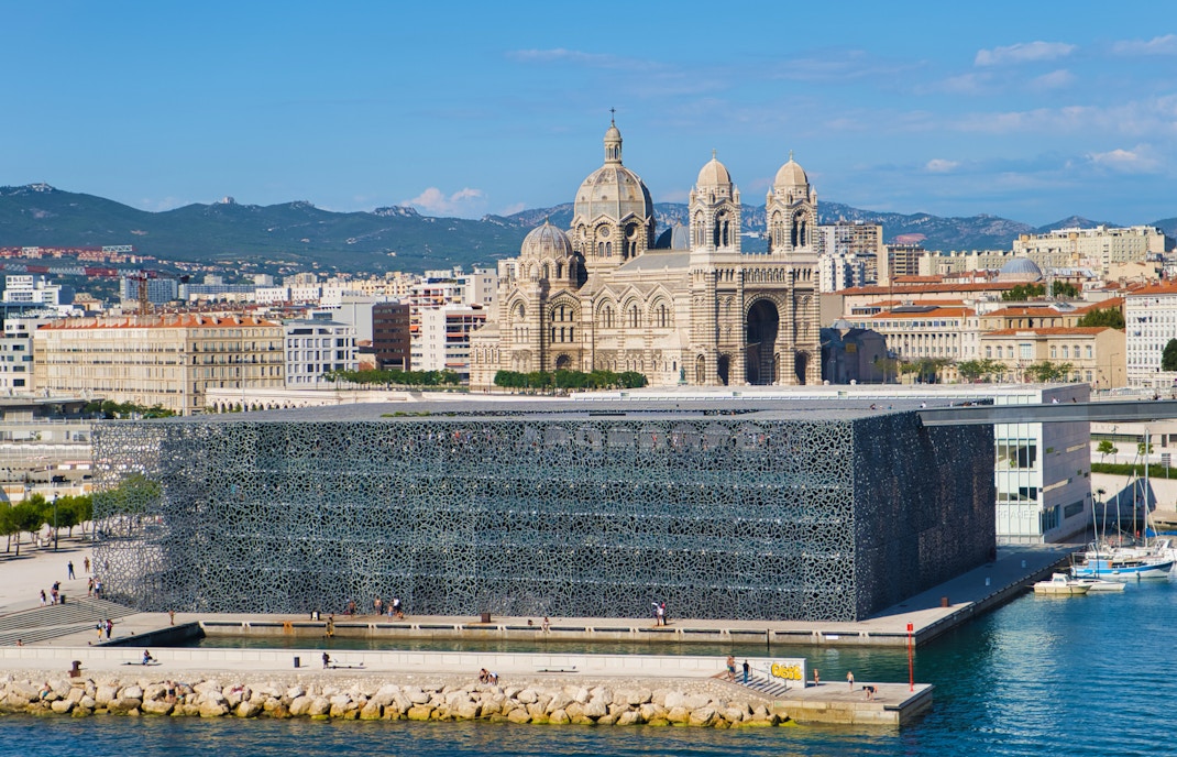 MUCEM museum exterior with modern architecture in Marseille, France.