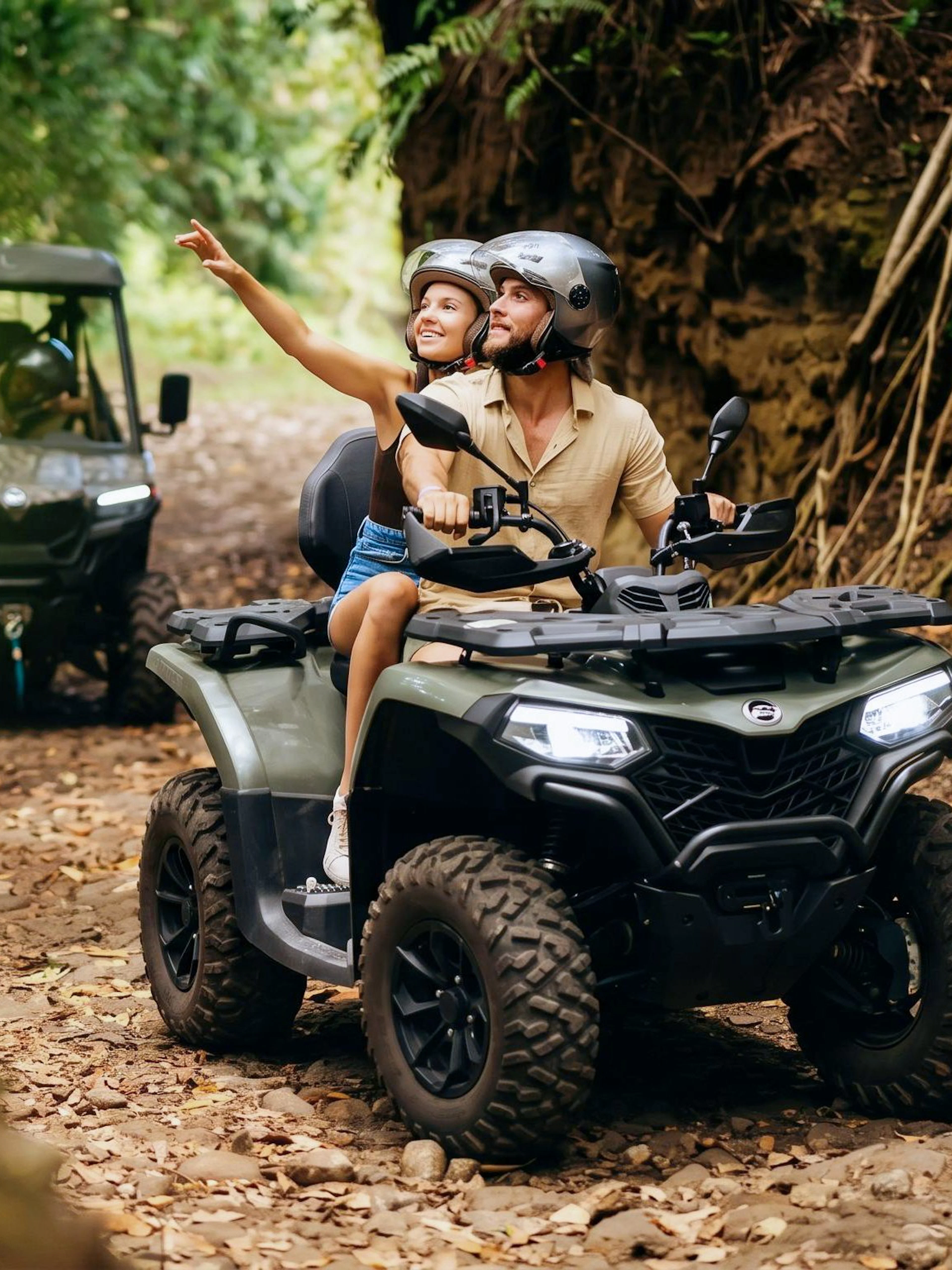 Quad bike tour through lush forest in Bel Ombre, Mauritius.