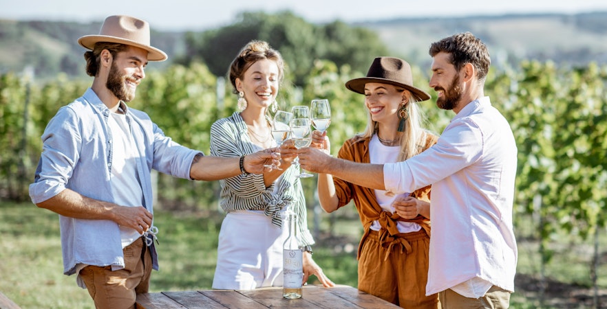 Group of people tasting wine in vineyards, Barossa Valley