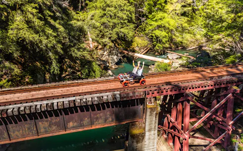 Guests riding rail bikes on a bridge over a forested river in Noyo, San Francisco.