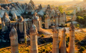 Fairy chimneys in Cappadocia during the Red Tour, Turkey.