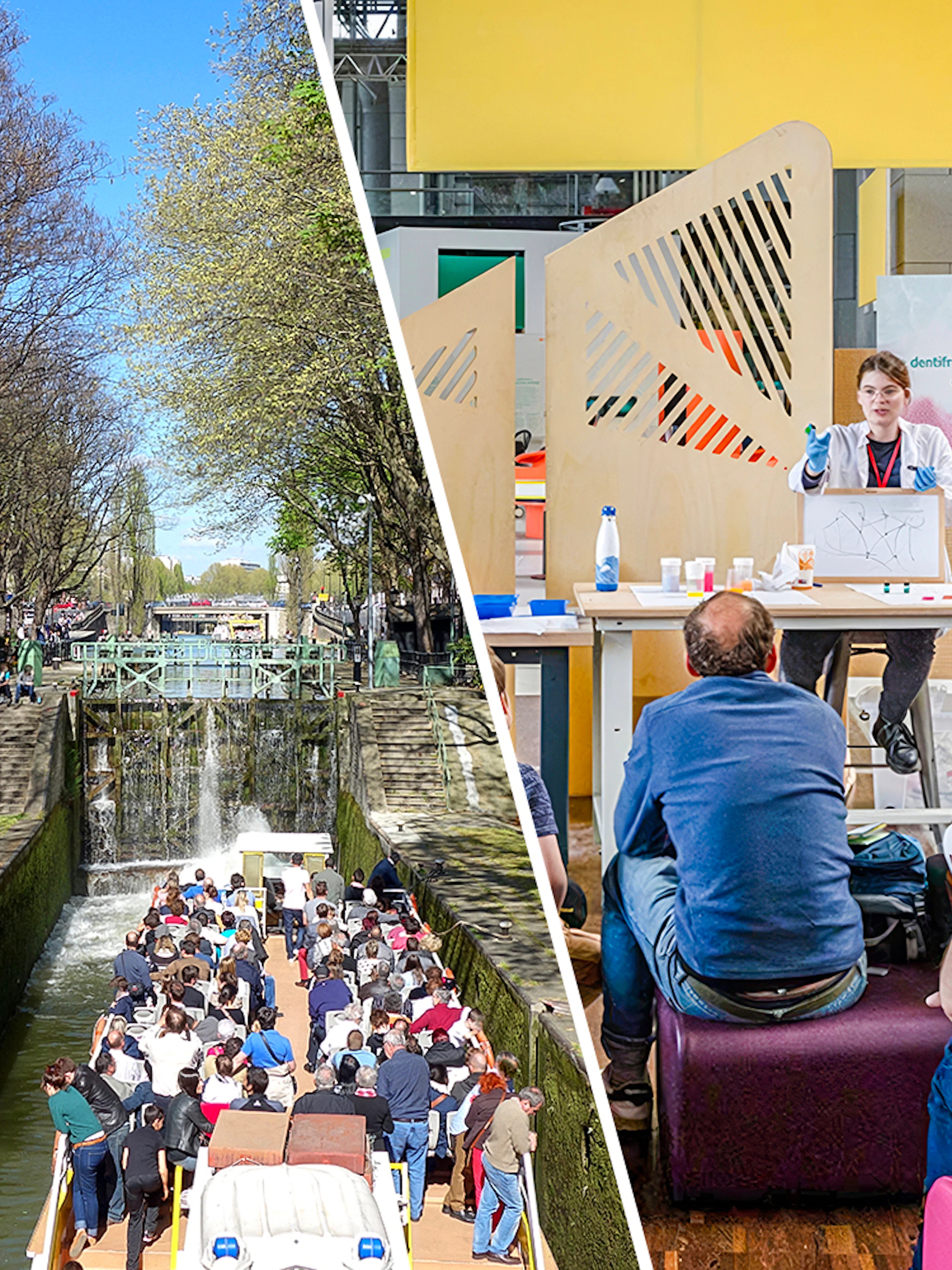 Canal boat tour in Paris and science workshop at a museum.
