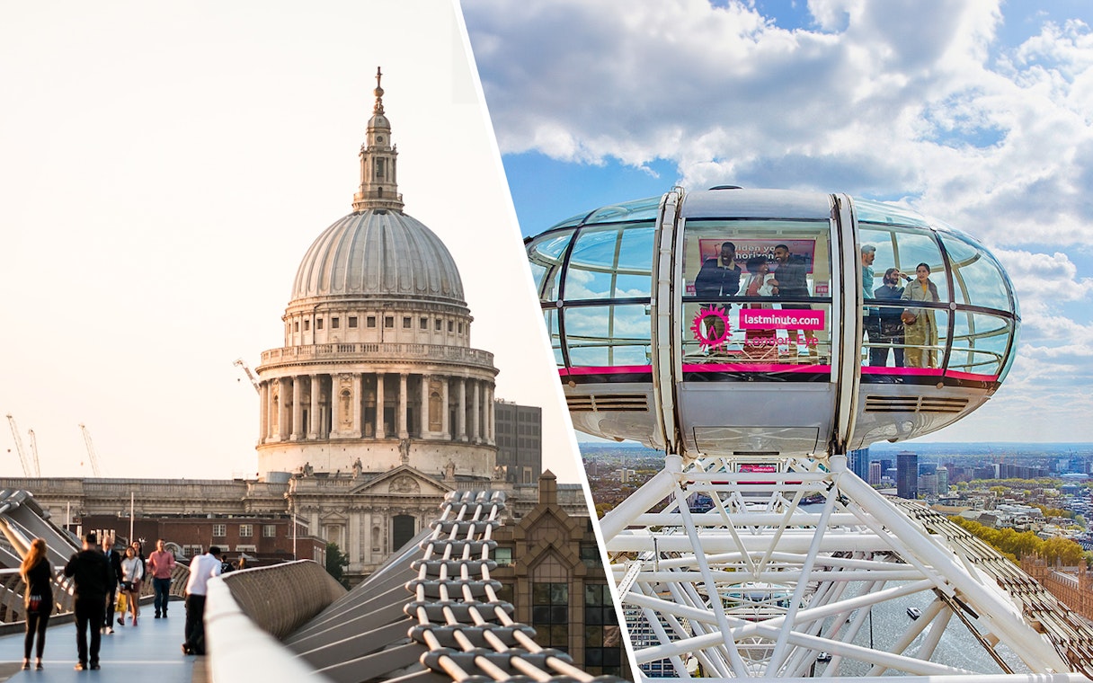 St Paul's Cathedral dome and London Eye capsule with city view.
