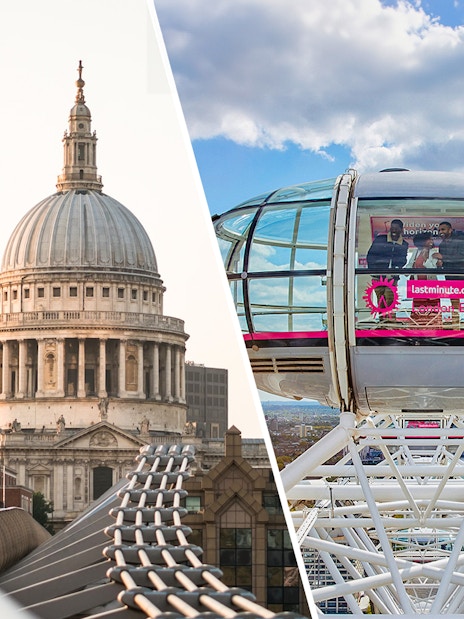 St Paul's Cathedral dome and London Eye capsule with city view.