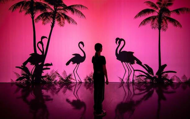 Silhouettes of flamingos and palm trees with a person at ARTE M Hong Kong exhibit.