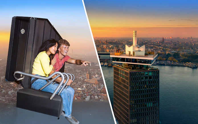 Couple enjoying a swing ride over Amsterdam with A'DAM Tower in view.
