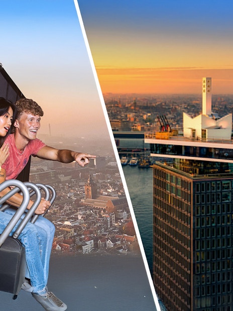 Couple enjoying a swing ride over Amsterdam with A'DAM Tower in view.