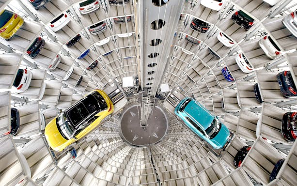 Vertical view of car towers at Autostadt Theme Park, Wolfsburg.