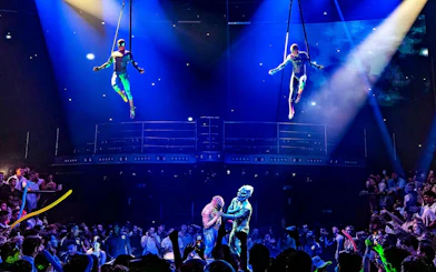 Aerial performers and costumed characters entertain a crowd at Coco Bongo Punta Cana.