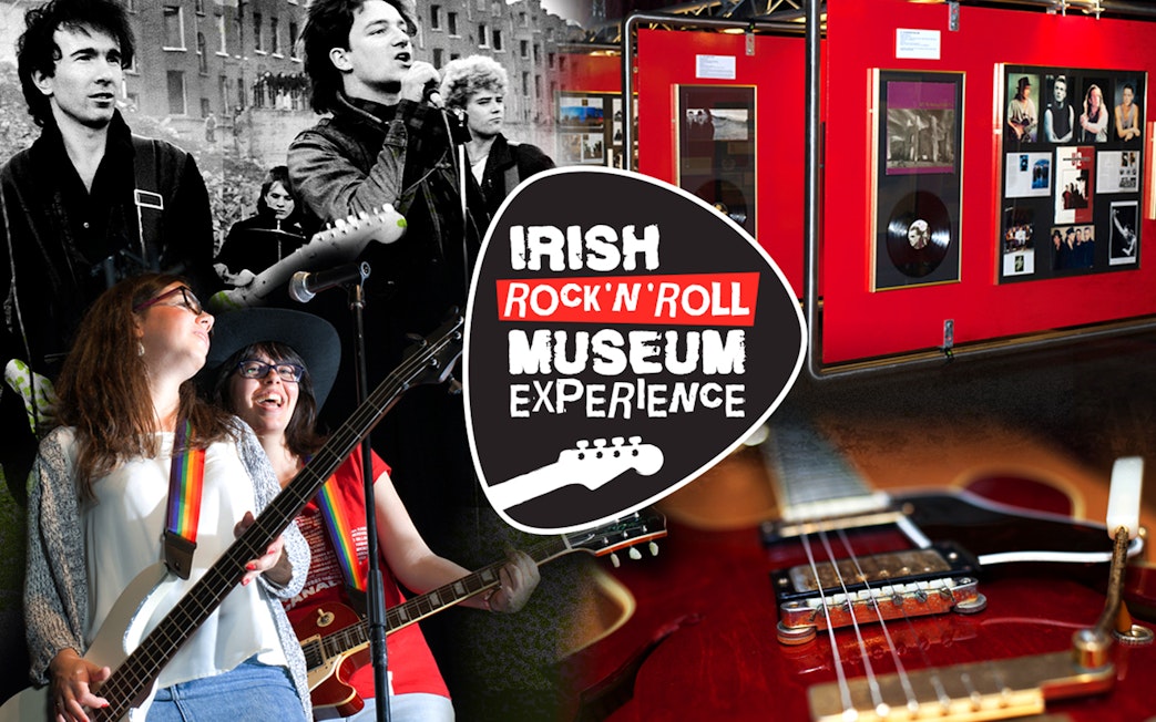 Irish Rock 'N' Roll Museum exhibit with guitars and band memorabilia in Dublin.