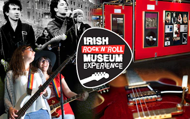 Irish Rock 'N' Roll Museum exhibit with guitars and band memorabilia in Dublin.