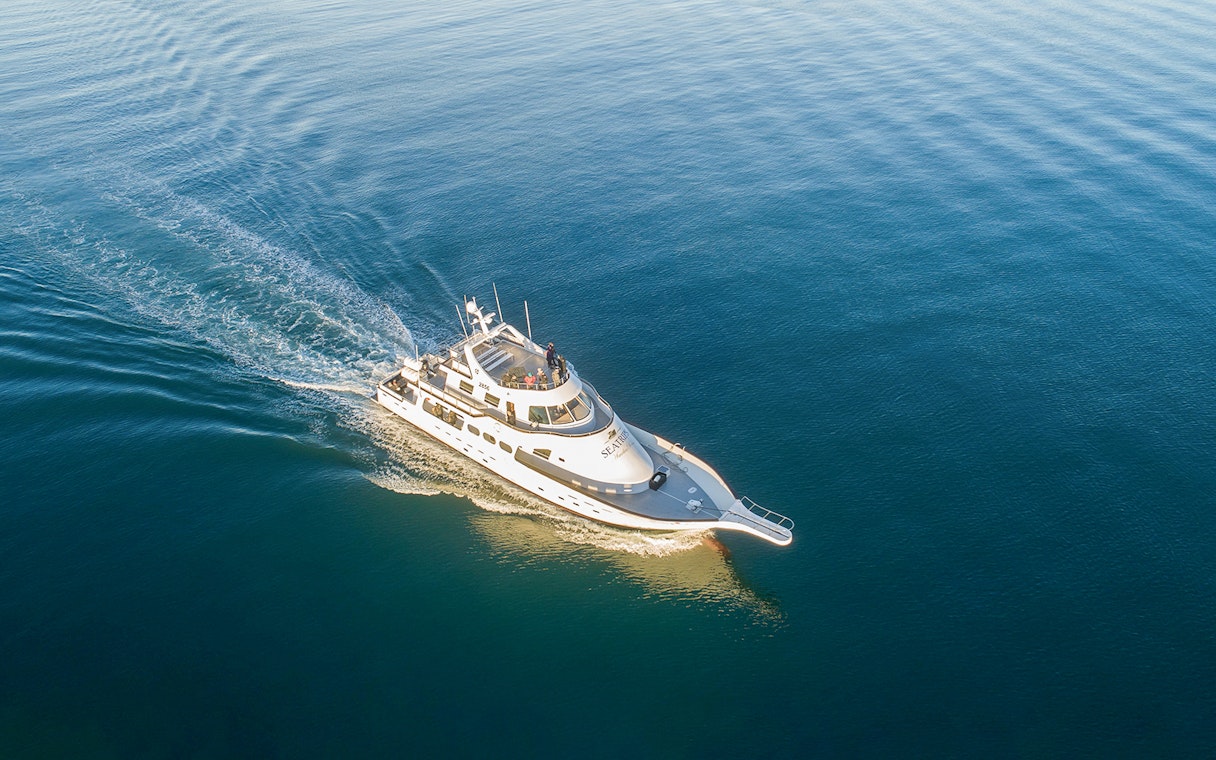 Yacht cruising on open water during Northern Lights tour.