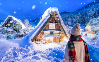 Traditional gassho-style house illuminated in snow, Shirakawa-go, during Nagoya day trip.