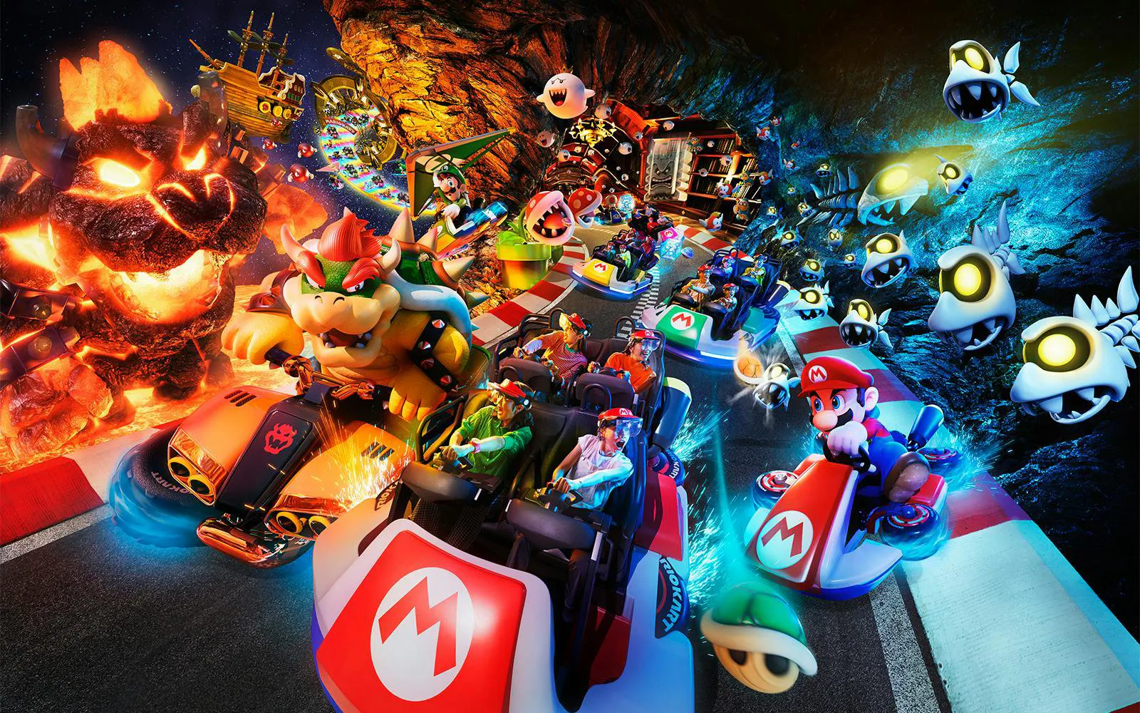Characters racing in karts at Universal Studios Japan's NO LIMIT! Countdown 2025 event.