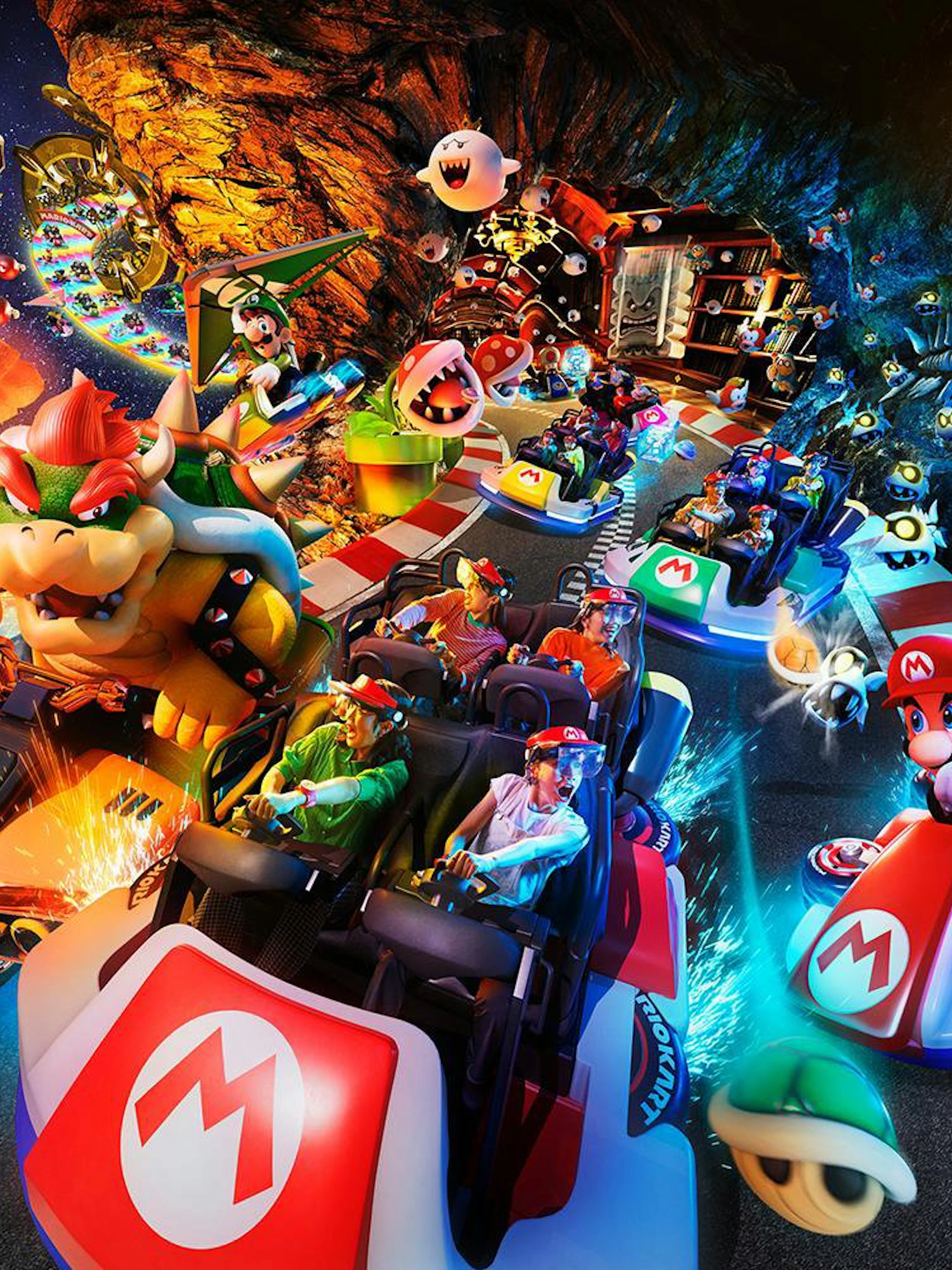 Characters racing in karts at Universal Studios Japan's NO LIMIT! Countdown 2025 event.