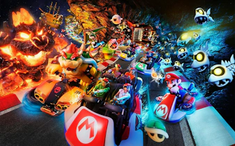 Characters racing in karts at Universal Studios Japan's NO LIMIT! Countdown 2025 event.