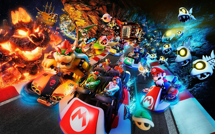 Characters racing in karts at Universal Studios Japan's NO LIMIT! Countdown 2025 event.