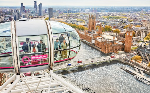 View from the London Eye overlooking the River Thames and the Houses of Parliament.