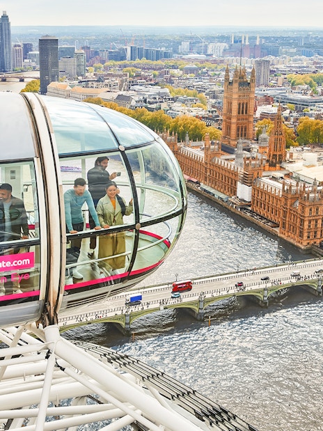View from the London Eye overlooking the River Thames and the Houses of Parliament.