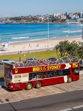 Open-top Big Bus Sydney tour near Bondi Beach with ocean and cityscape views.