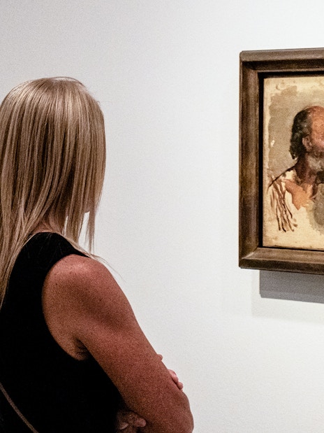 Visitor viewing a Picasso painting at the Picasso Museum during a guided tour.
