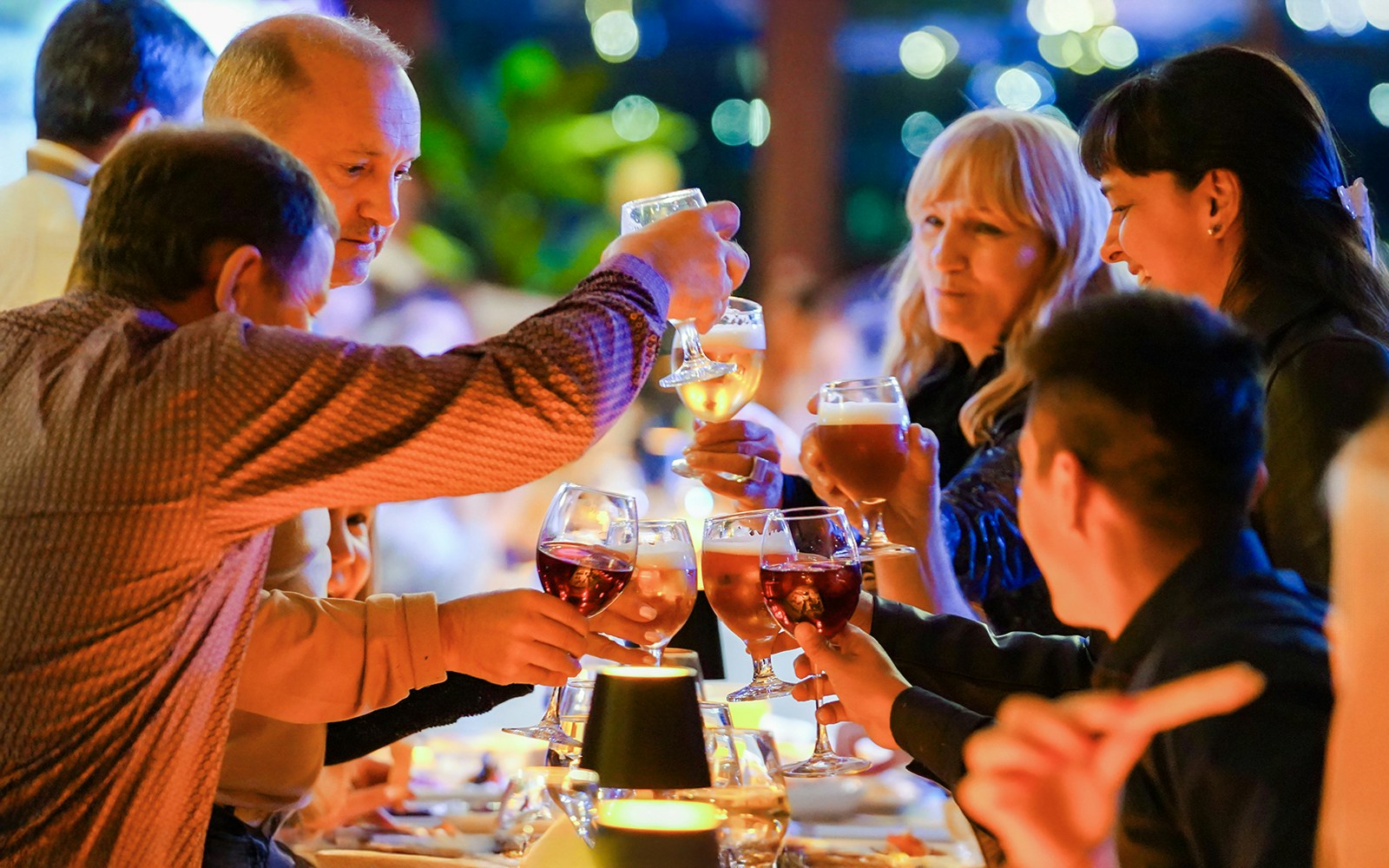 Guests toasting wine glasses on a Bosphorus 4-Course Dinner Cruise in Istanbul, Turkey.