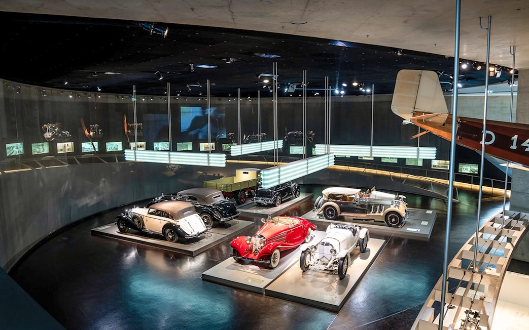 Classic cars displayed inside Mercedes Benz Museum, Stuttgart.