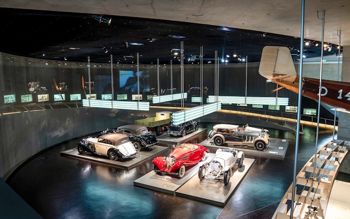 Classic cars displayed inside Mercedes Benz Museum, Stuttgart.