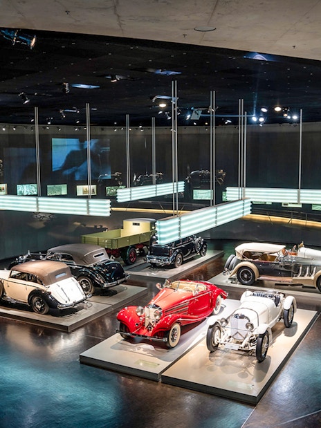 Classic cars displayed inside Mercedes Benz Museum, Stuttgart.