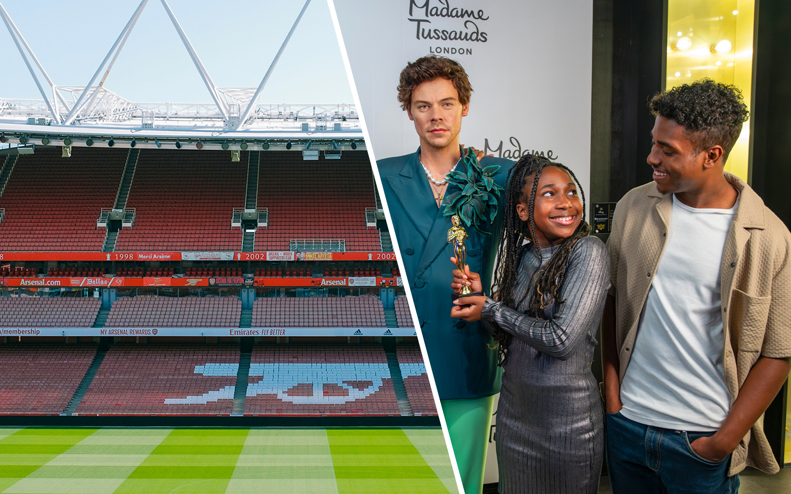Emirates Stadium interior with empty red seats and green pitch in London.