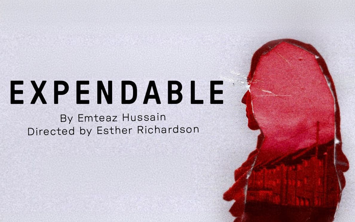 Expendable play poster with red silhouette and text by Emteaz Hussain