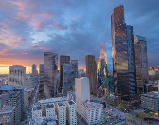 Seattle skyline view from Sky View Observatory at sunset.