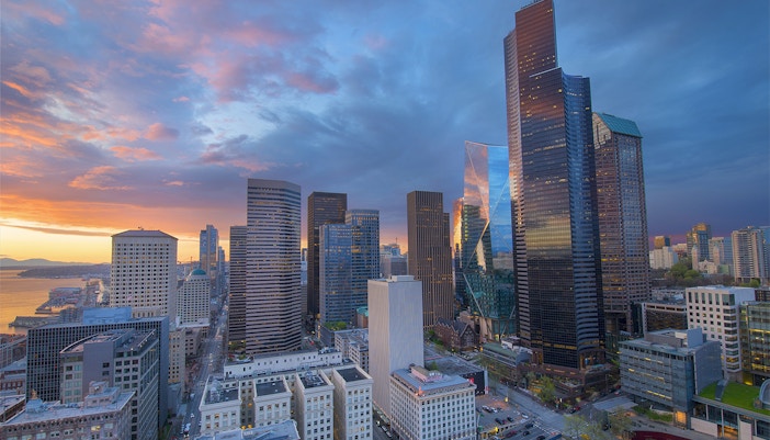 Seattle skyline view from Sky View Observatory at sunset.