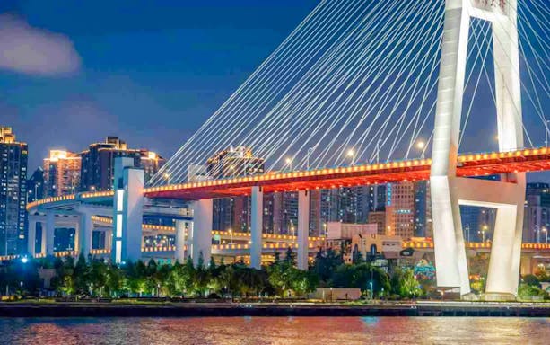 Nanpu Bridge in Shanghai, China, lit up at night with city skyline in the background.