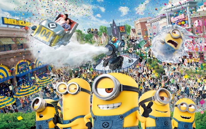 Minion-themed attraction with rides and confetti at Universal Studios Japan.