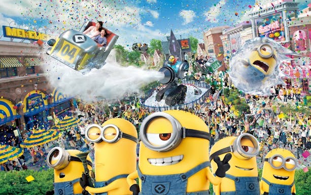 Minion-themed attraction with rides and confetti at Universal Studios Japan.