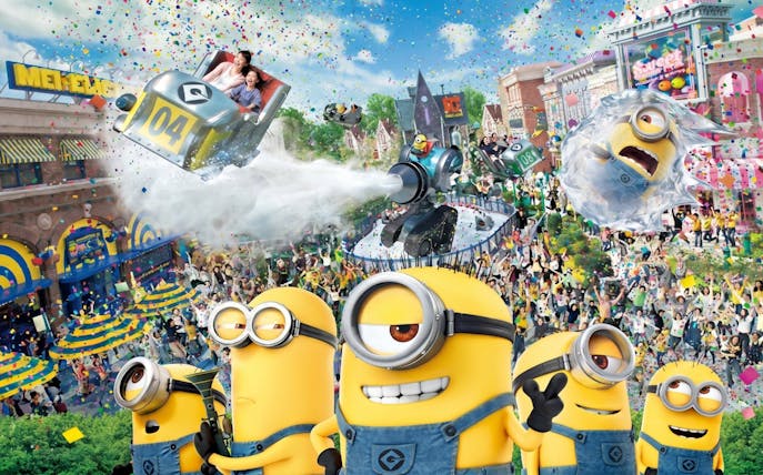 Minion-themed attraction with rides and confetti at Universal Studios Japan.