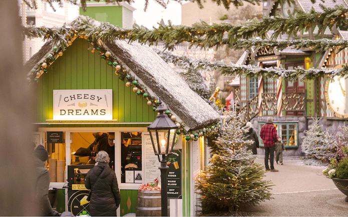 Cheesy Dreams food stall at Tivoli Gardens, Copenhagen, decorated for Christmas.
