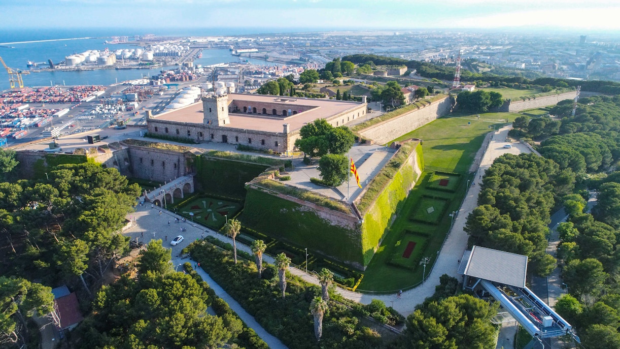 Montjuïc Castle in Barcelona with panoramic city views.