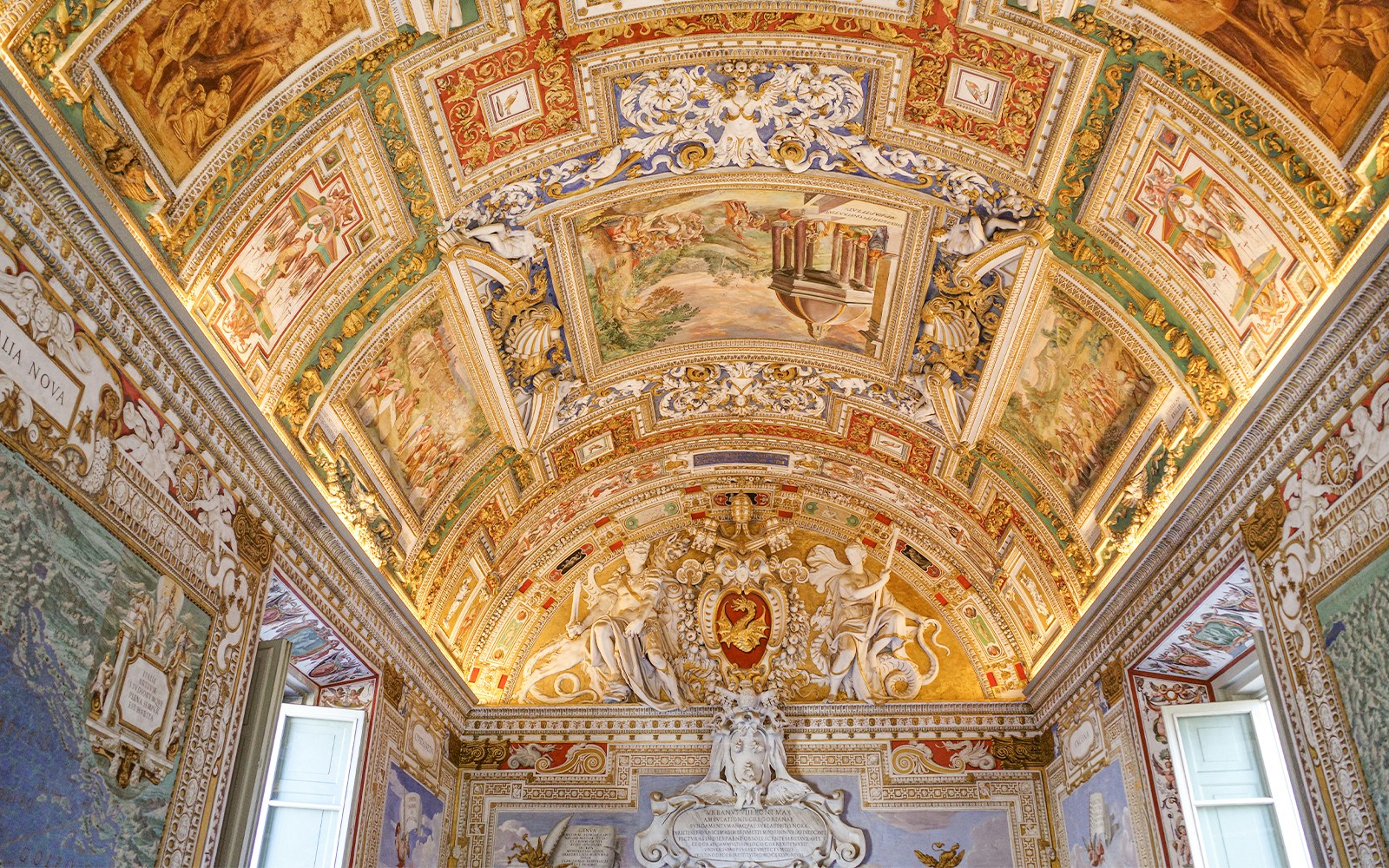 Ceiling frescoes and ornate decorations in the Gallery of Maps, Vatican Museum.
