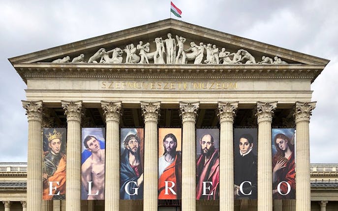 El Greco exhibition banners on Museum of Fine Arts Budapest facade.