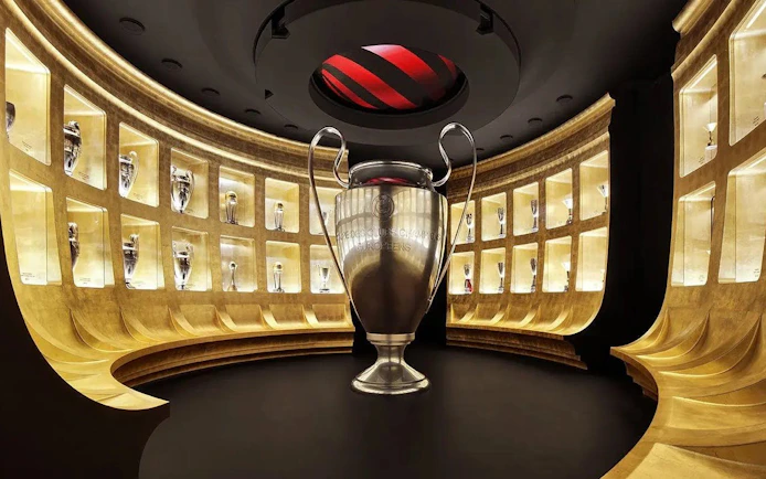 Trophy room with large cup display at Casa Milan Museum, Italy.