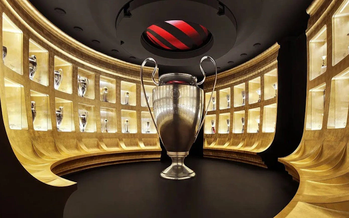 Trophy room with large cup display at Casa Milan Museum, Italy.