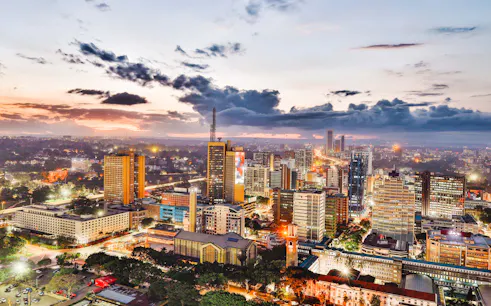 Nairobi cityscape at dusk, highlighting urban skyline near Carnivore Restaurant Experience.