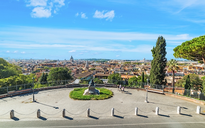 Cityscape of Rome from Pincio terrace with distant domes and skyline.
