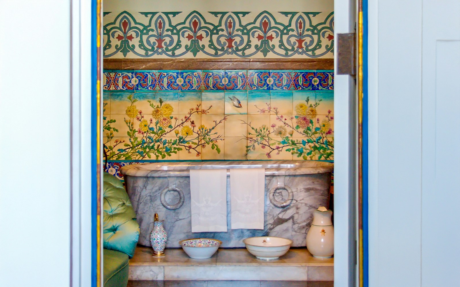 Bathroom interior in Chapultepec Castle, Mexico City, showcasing historical fixtures and elegant design.